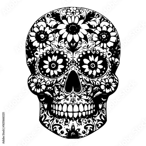 A black and white sugar skull with floral patterns and intricate designs for day of the dead celebration