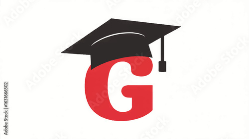 Minimalist graduation mortarboard hat above stylized red letter g logo design
