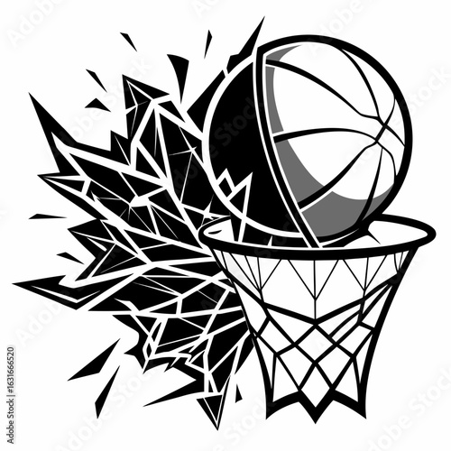 Dynamic basketball slam dunk with explosive energy and sharp geometric shards