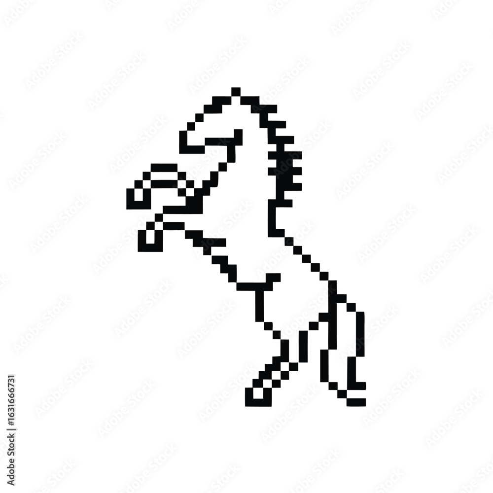 Fototapeta premium Black Pixelated Horse Stands Proudly on its Hind Legs on white backdrop