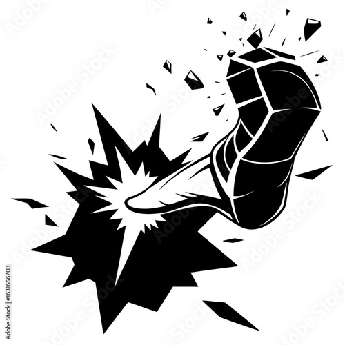 Powerful foot smashing through barrier, symbolizing breakthrough and overcoming obstacles with dynamic force