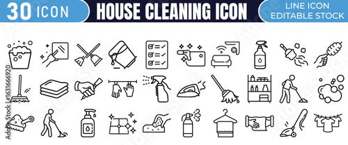 Household Cleaning Tools and Supplies Outline Icons.

