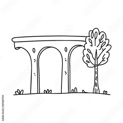 doodle illustration of a lone sapling beside the base of doodle illustration of a viaduct