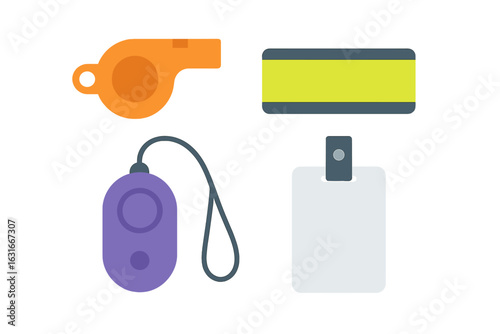 Colorful coaching tools including a whistle, card, and identification tag on a plain background