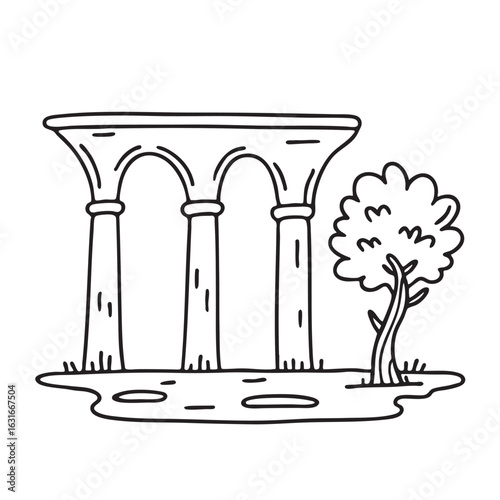 doodle illustration of a single tree growing near doodle illustration of a tall viaduct column