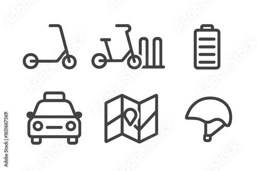 Various modes of urban transport including scooters, bicycles, and taxis displayed as simple icons for easy navigation in the city