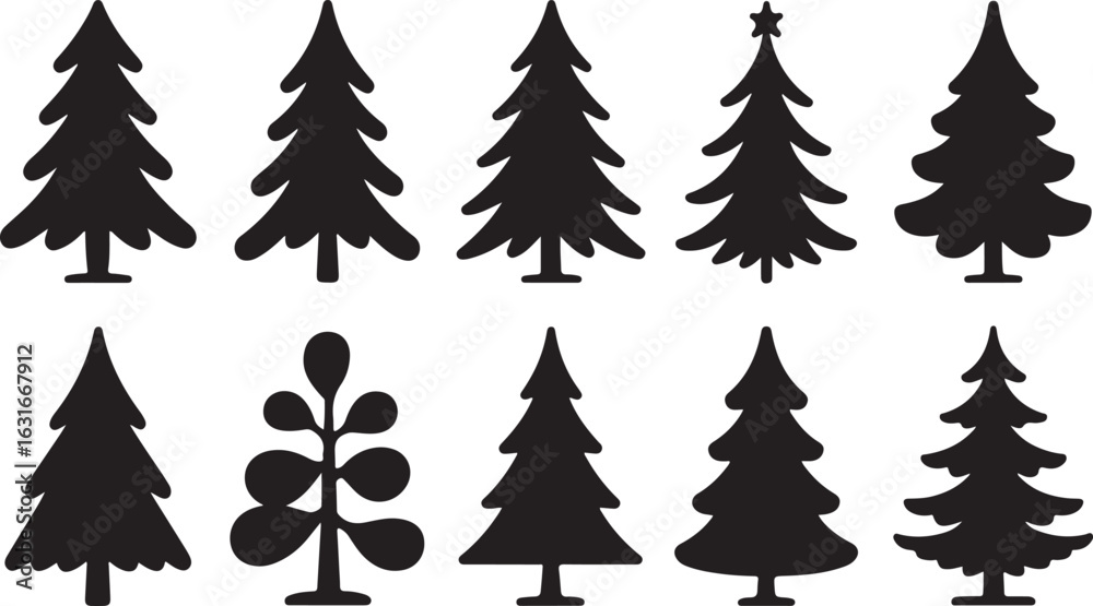 Fototapeta premium A diverse collection of Christmas tree silhouettes. A set of black isolated graphic icons representing various evergreen fir trees for the holidays.