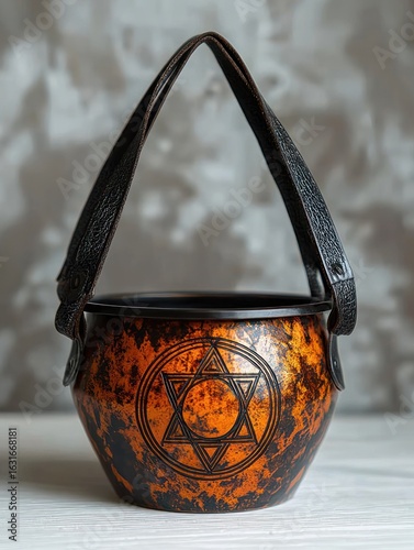 Ornate copper cauldron with leather handles