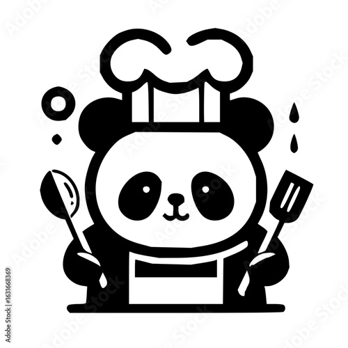 A cartoon panda chef wearing a chef's hat holding a spatula and a ladle in black and white style
