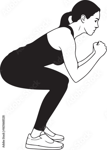 Black and white vector illustration of a fit woman performing a bodyweight squat exercise. Side view of a female athlete during a workout for fitness and strength.