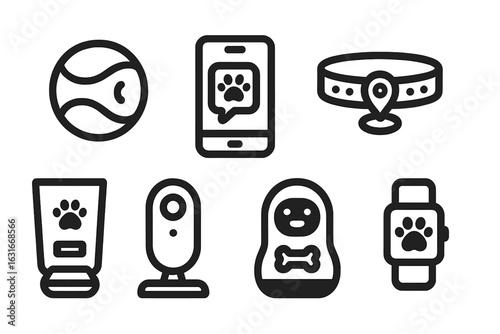 Various pet care gadgets and accessories including a dog collar, smartphone, tennis ball, and more on a white background