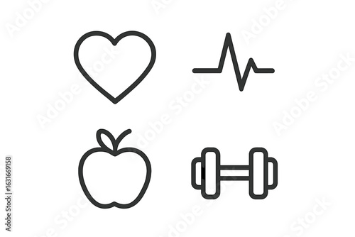 Various icons representing health and fitness concepts like heart rate, exercise, and nutrition displayed in a minimalist style