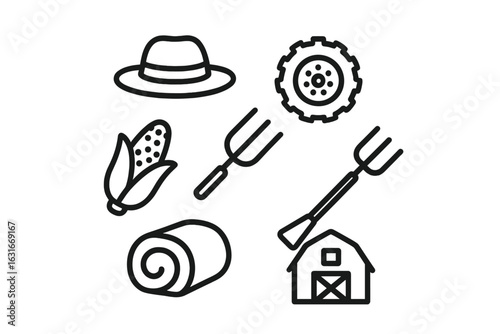 Illustrations of farming tools and elements depicting rural agriculture activities and lifestyle