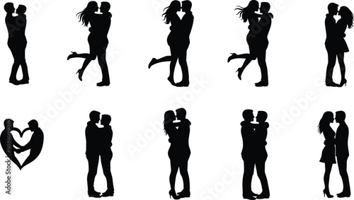 Romantic couple silhouettes kissing and embracing, man and woman love, heart shape, relationship, affection, couple in love, black silhouette