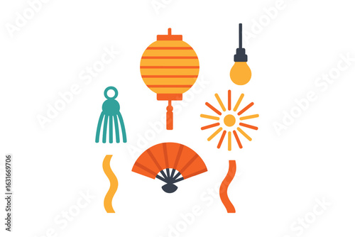 Colorful paper lanterns and decorative items create a festive atmosphere for cultural celebrations