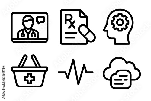 Healthcare technology icons illustrating telemedicine, prescription services, mental health support, and medical tools for improved patient care