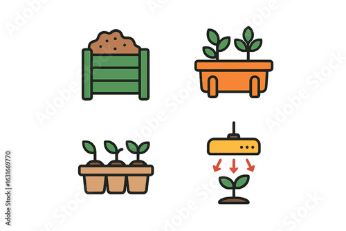 Gardening tools and setups for indoor planting and growth at home with soil and seedlings