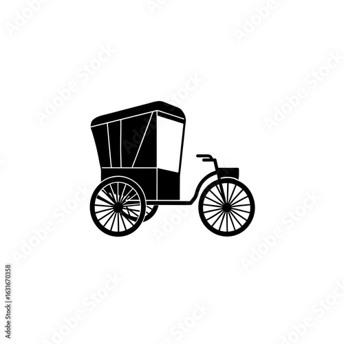 Minimal black silhouette of a traditional Asian cycle rickshaw with driver seated, side view, isolated on clean white background, high-contrast vector style, simple lines, editable for stock illustrat