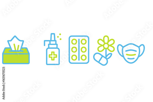 Health and wellness symbols representing care items commonly used during flu season or illness recovery
