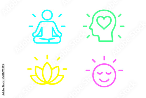 Colorful icons representing meditation, mindfulness, and emotional well-being during a wellness retreat
