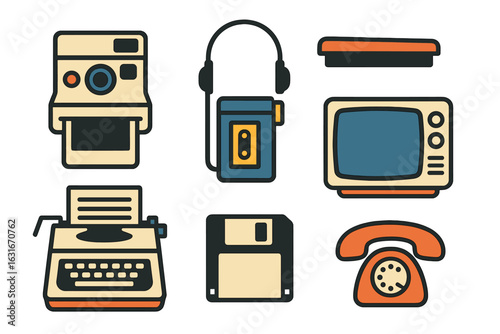 Retro technology collection featuring vintage devices and gadgets showcasing nostalgic designs and functionality in a playful arrangement