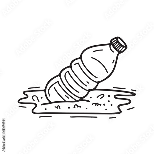 doodle illustration of a plastic bottle drifting over sandy ground