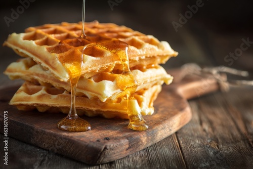 Golden waffles on wooden board with honey and morning light