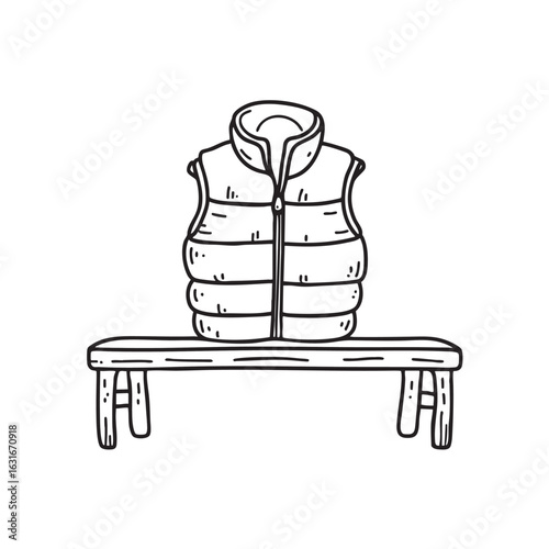 doodle illustration of a puffer vest neatly folded on a bench