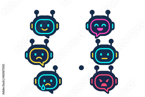 Various robot faces expressing different emotions in a colorful digital art style