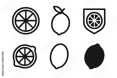 Various lemon and lime designs featuring icons and silhouettes in black line art