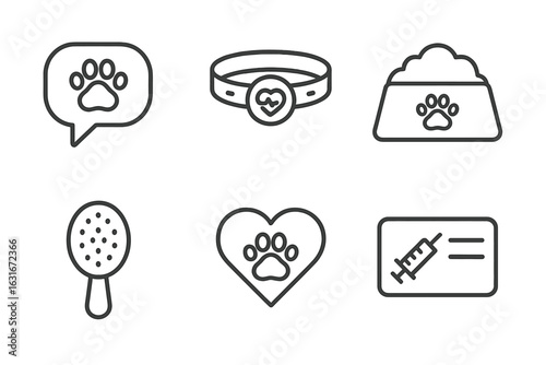 Pet care essentials with grooming tools and feeding items displayed on a white background