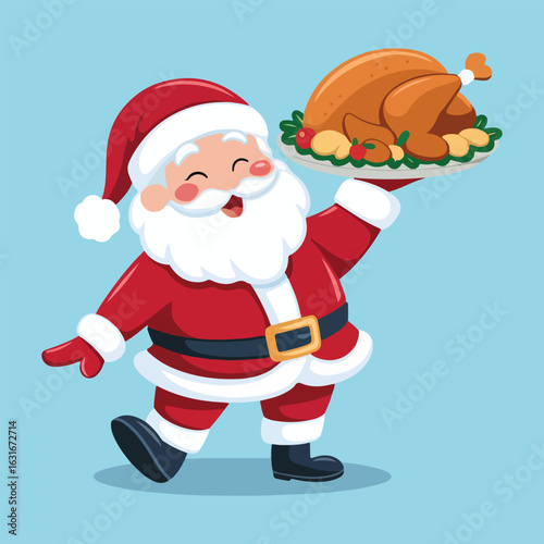 Santa Claus Cartoon Illustration with Turkey