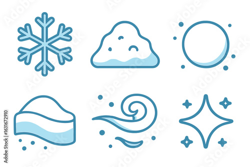 Various winter elements including snowflakes, snow, and swirling snowdrifts suitable for seasonal decoration or graphics