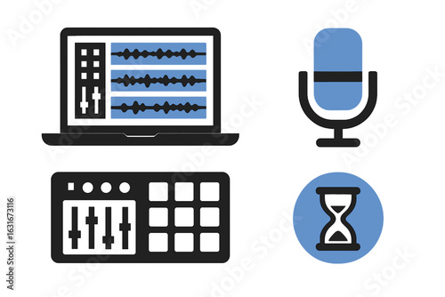 Audio editing tools displayed on a laptop with a microphone, soundboard, and hourglass for time management in the studio