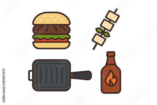 Festive barbecue with grilled meat, hamburgers, and flavorful sauces during summer outdoor cooking event