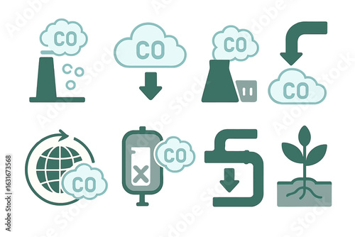 Understanding carbon monoxide emissions through various symbols and icons representing pollution sources and environmental impact
