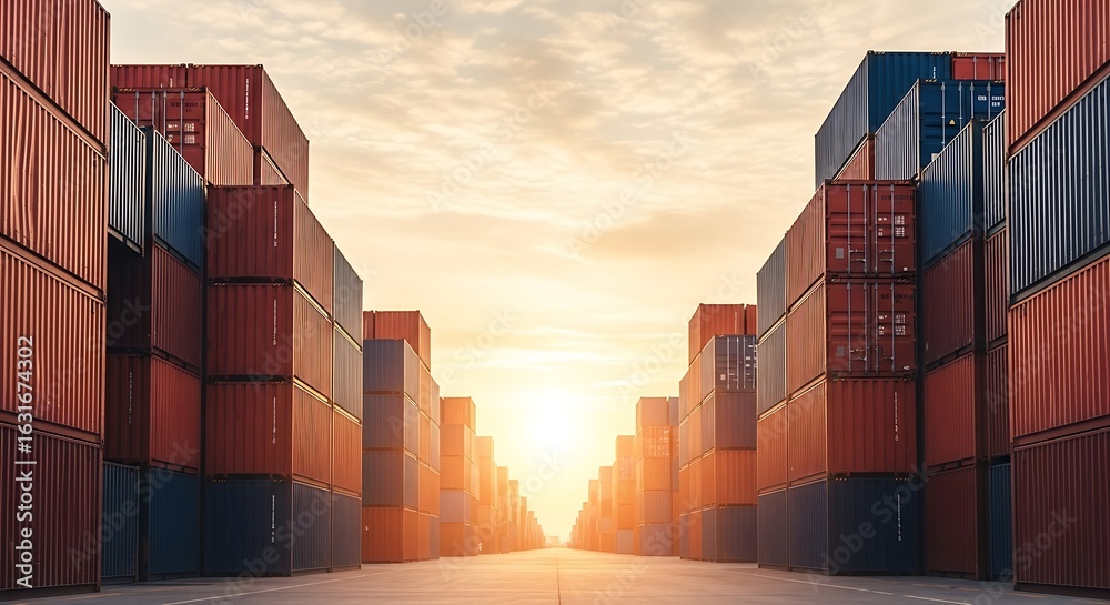 Fototapeta premium A vast container terminal with rows of stacked shipping containers under a cloudy sky at sunset