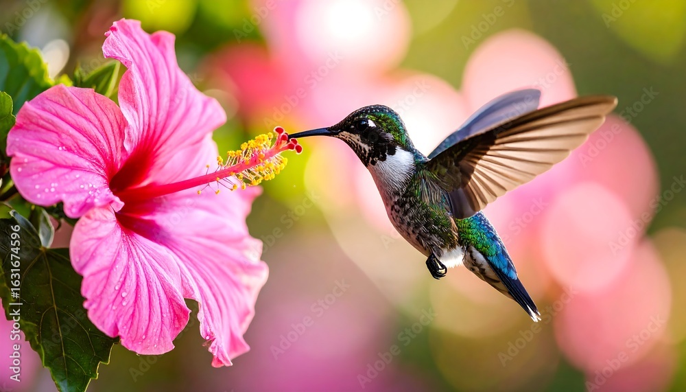 Fototapeta premium Hummingbird in flight, feeding from a vibrant pink hibiscus flower