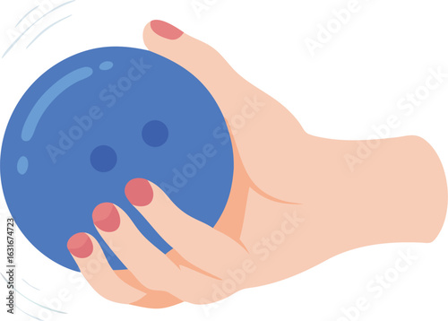 Fairskinned hand with pink nails throws a blue shiny bowling ball swiftly forward