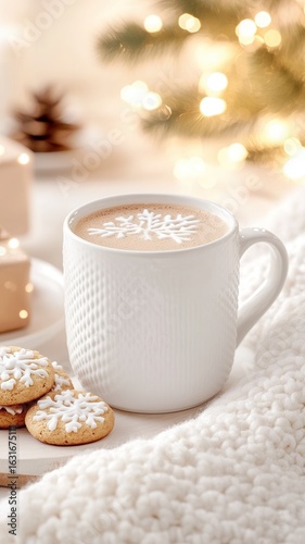 Wallpaper Mural snowflake mug of hot chocolate with White art, gingerbread cookies, and christmas lights creating cozy winter atmosphere Torontodigital.ca