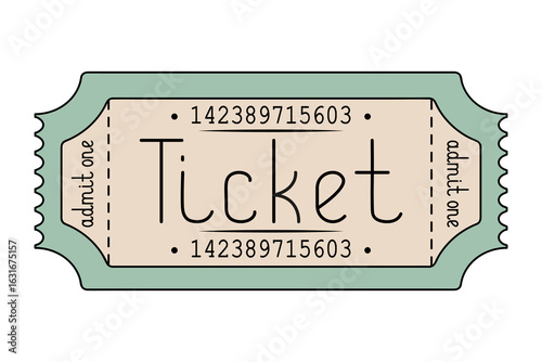 Green ticket admit one. Handwritten lettering. Color vector illustration. Tear-off ticket with number. Isolated white background. Cartoon. Idea for web design.
