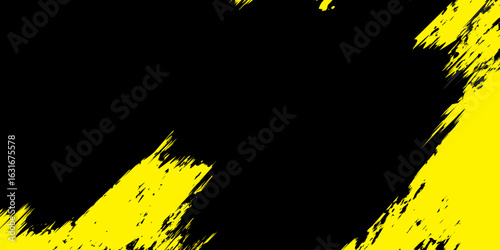 Bold black and yellow grunge brush texture with abstract paint splatter style.