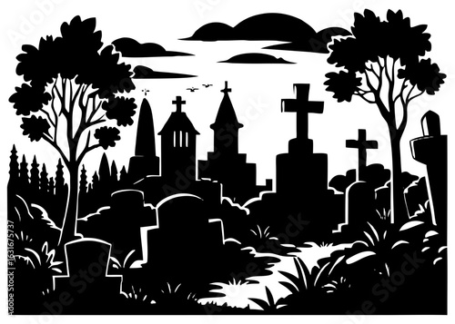 Foggy Graveyard at Sunrise Silhouette
