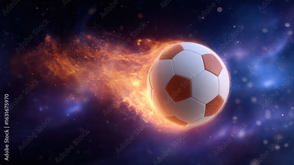 Naklejka premium Soccer trail ball a fiery with flying through space, representing speed, power, and competition