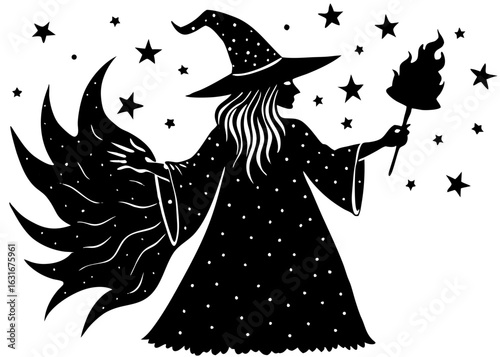 Witch Casting Spell under Stars Silhouette