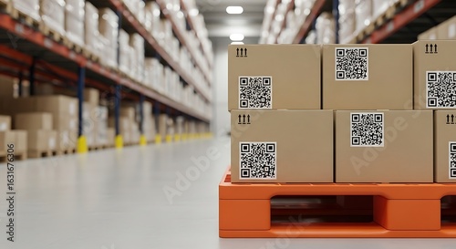 Cardboard boxes with QR codes on an orange pallet in a warehouse
