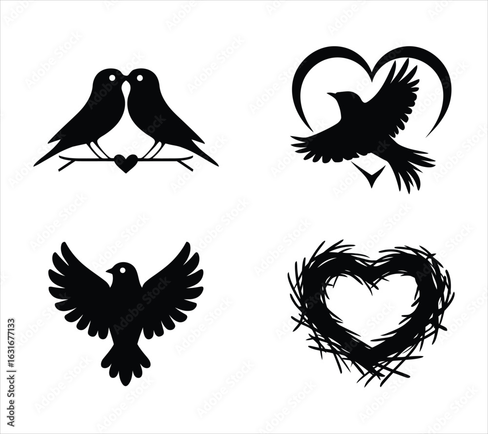 Obraz premium Bird Couple Heart Silhouette Collection – Valentine Vector Pack
