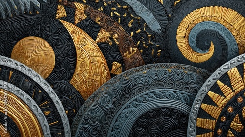 Layered shields, gold & dark, intricate designs