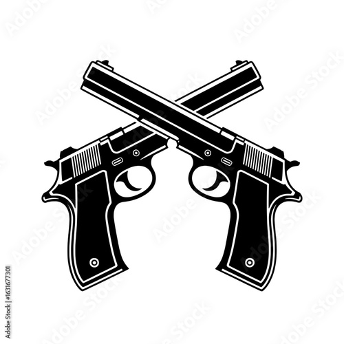 Crossed handguns vector illustration. Monochrome pistols, firearms, weaponry design elements. Black and white crossed gun graphic. Silhouette, vector art, simple icon, logo. Security, danger, military