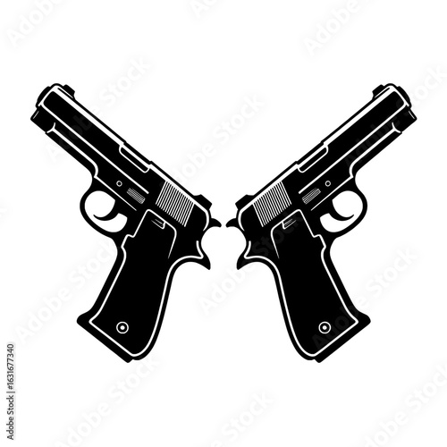 Two crossed handguns, pistols. Vector illustration - black and white monochrome design, simple line art. Weapon, gun, firearm icon or logo. Military, police, crime concept.  Symmetrical composition, g